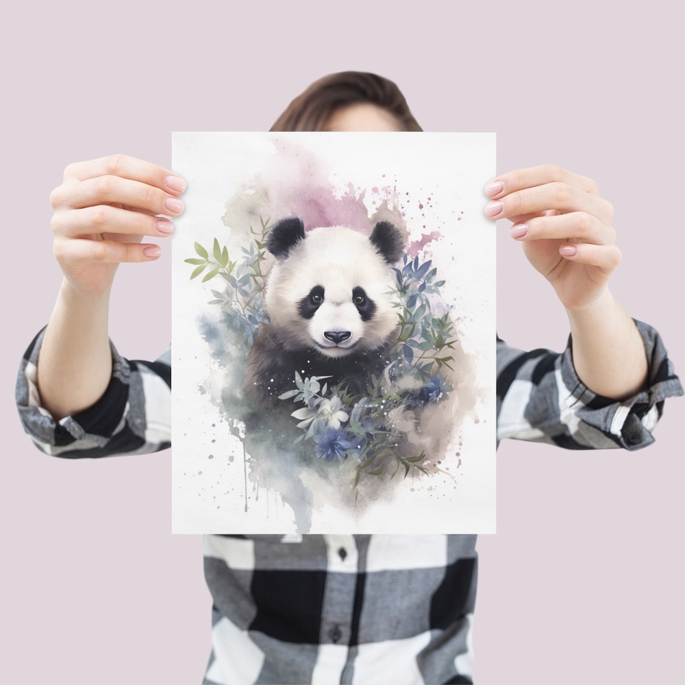 Watercolor Panda Bear With Flowers Portrait Wall Art Illustration Print Unframed - Picture 4 of 6